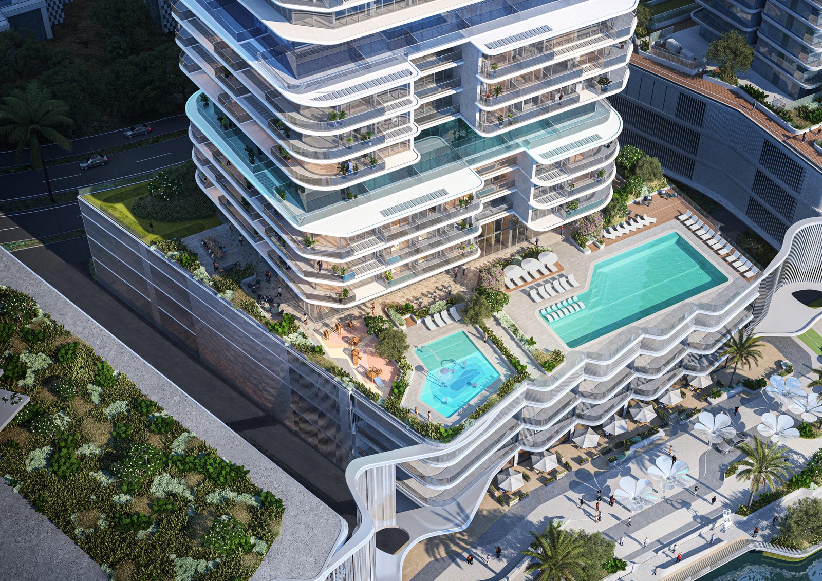 Sunset view of The Artery Residences façade highlighting artistic design and premium waterfront living in Abu Dhabi.
